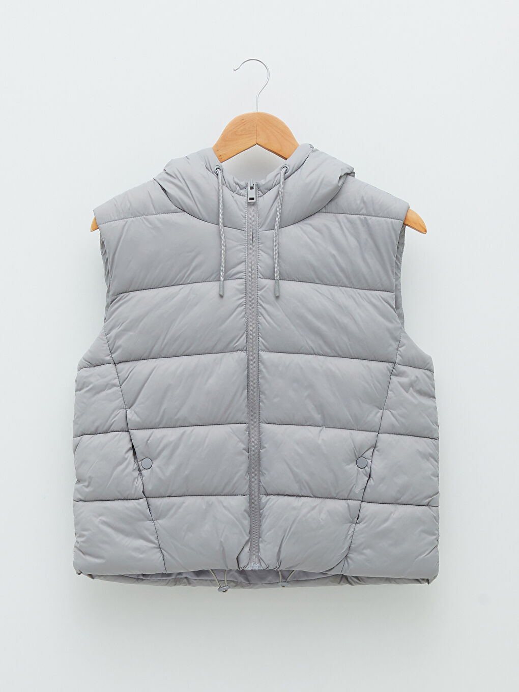 Gri Kapüşon Yaka Düz Cep Detaylı Kadın Şişme Yelek-6