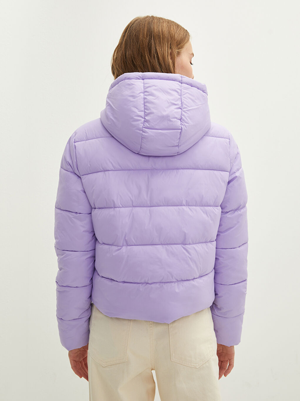 Lila Kapüşon Yaka Düz Cep Detaylı Kadın Şişme Mont-3