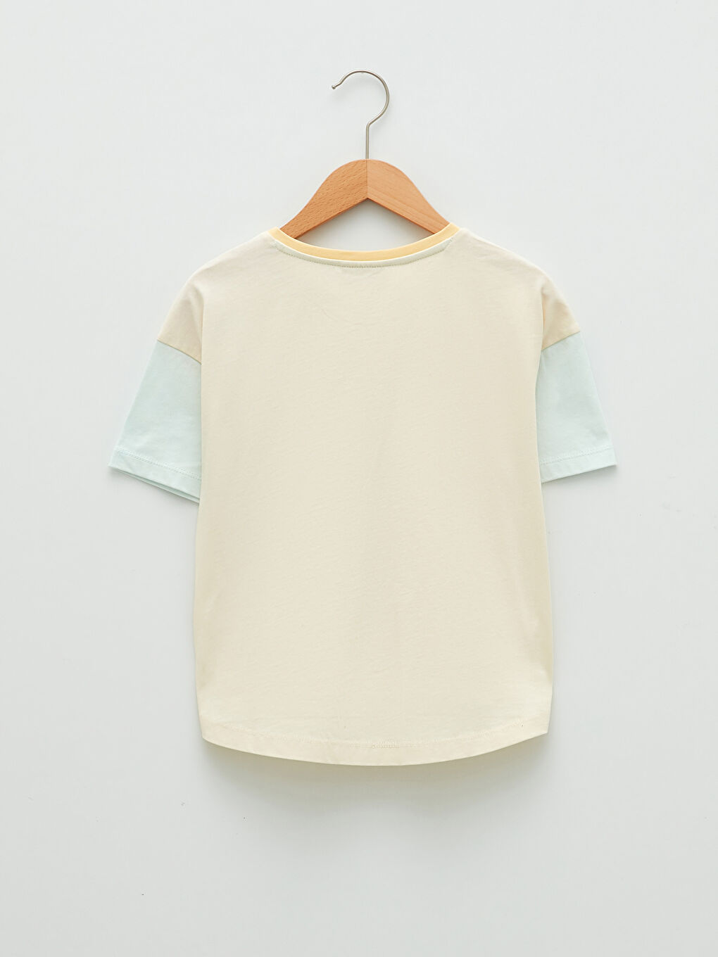 Bej Bisiklet Yaka Baskılı Kısa Kollu Pamuklu Kız Çocuk Tişört-1