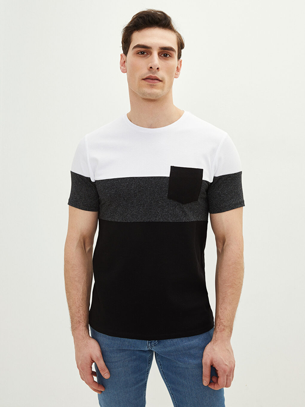 T-shirt pour Hommes en Piqué à Manches Courtes et Col Rond Bloc de Couleurs-2