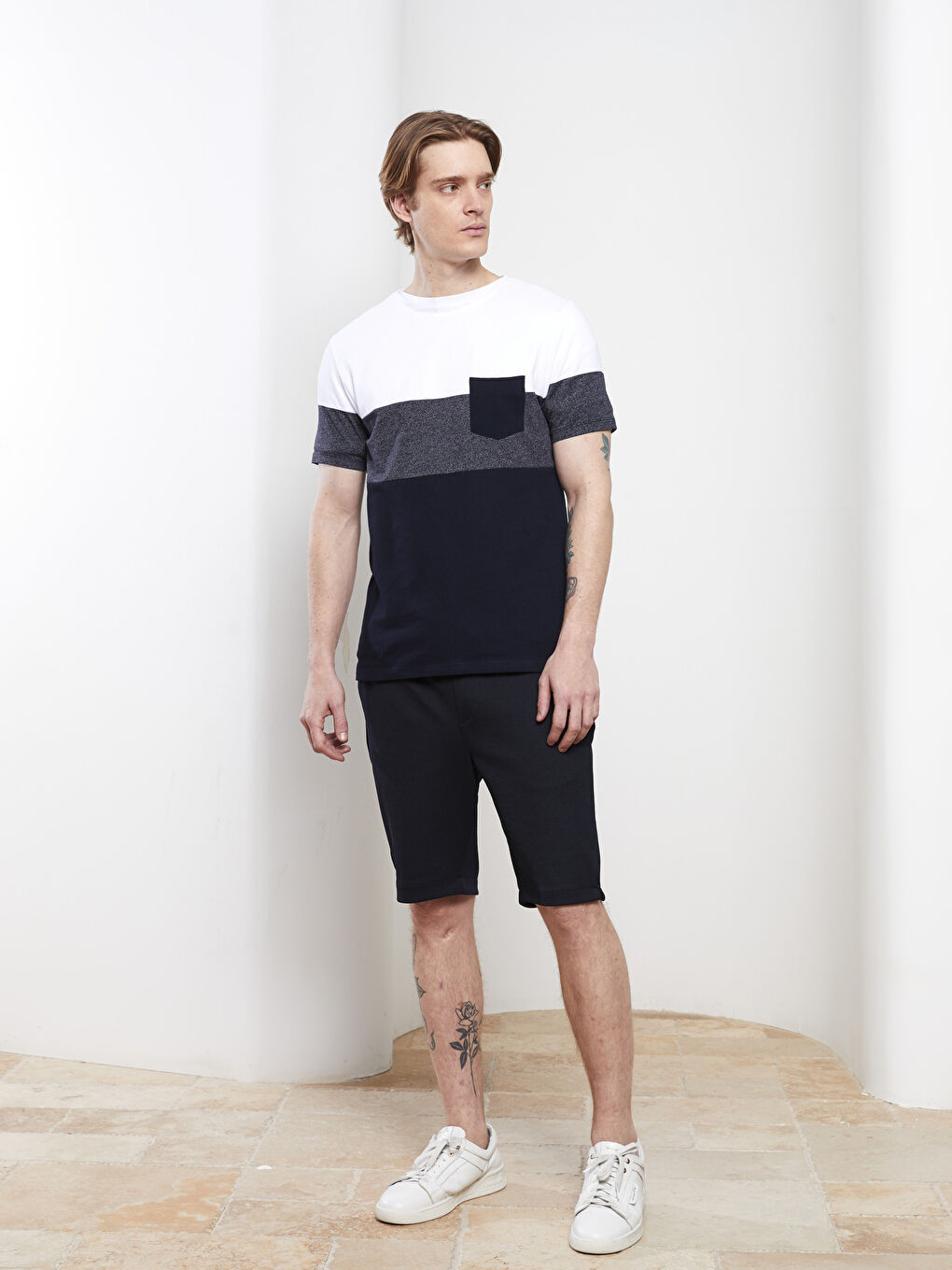 Lacivert Bisiklet Yaka Kısa Kollu Renk Bloklu Pike Erkek Tişört-1