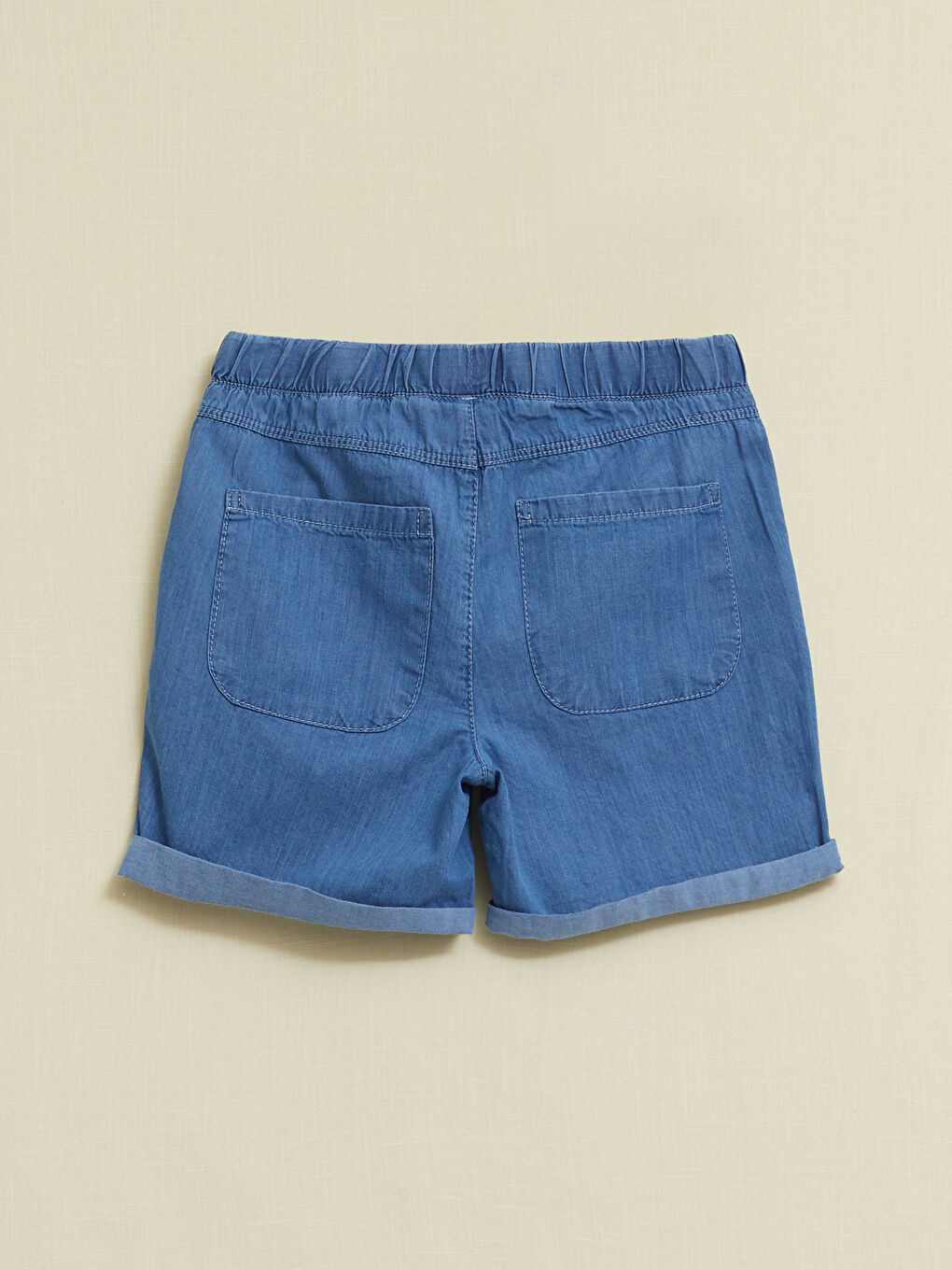 İndigo Beli Lastikli Basic Pamuklu Kız Çocuk Jean Şort-1