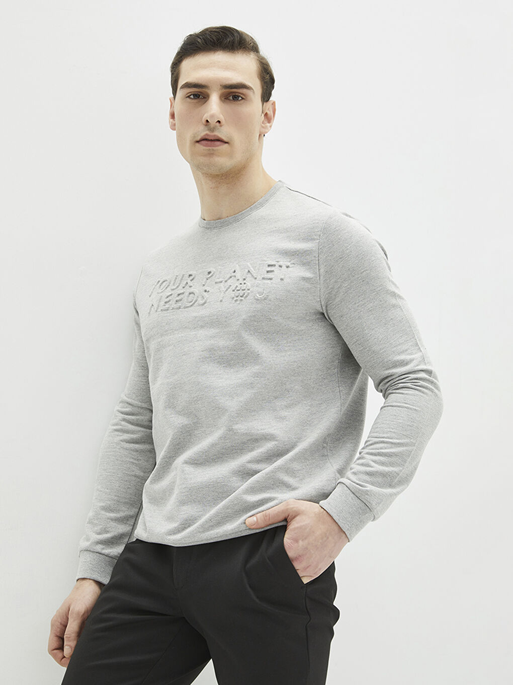 Gri Bisiklet Yaka Uzun Kollu Baskılı Erkek Sweatshirt