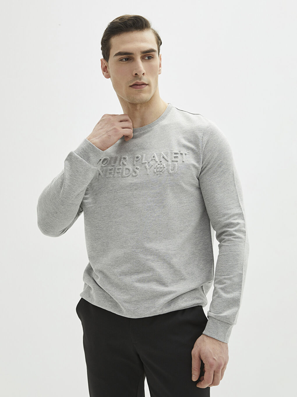 Gri Bisiklet Yaka Uzun Kollu Baskılı Erkek Sweatshirt-1