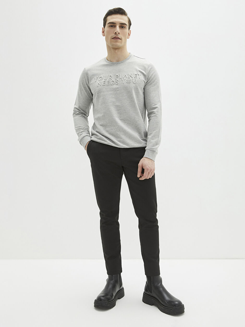 Gri Bisiklet Yaka Uzun Kollu Baskılı Erkek Sweatshirt-2