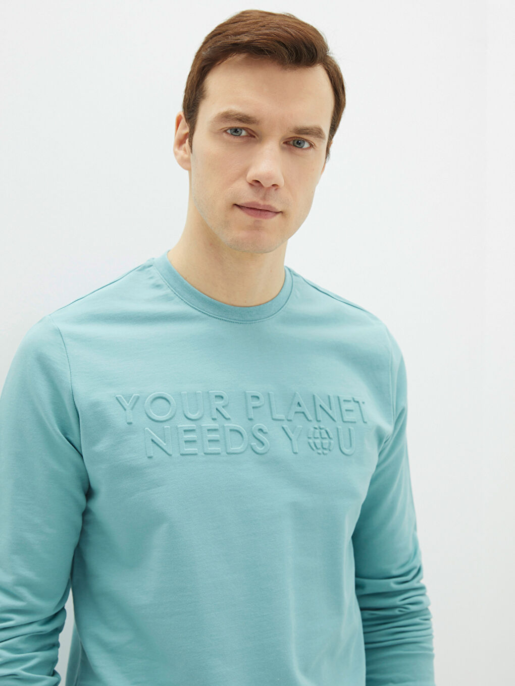 Yeşil Bisiklet Yaka Uzun Kollu Baskılı Erkek Sweatshirt