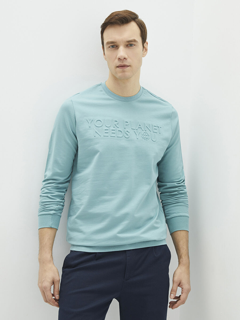 Yeşil Bisiklet Yaka Uzun Kollu Baskılı Erkek Sweatshirt-1