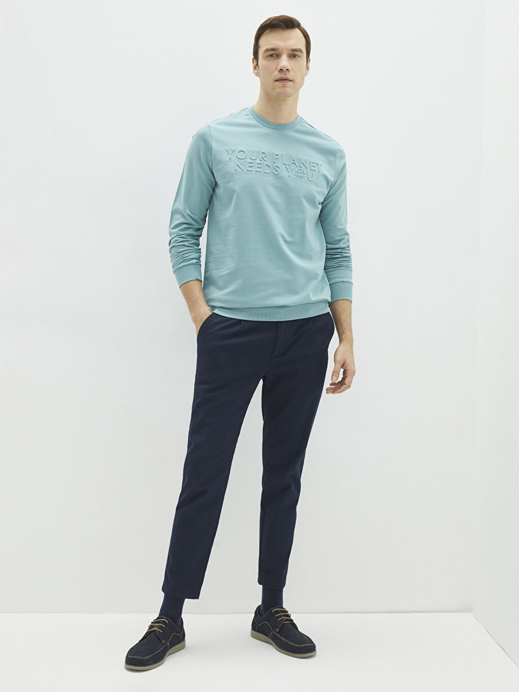 Yeşil Bisiklet Yaka Uzun Kollu Baskılı Erkek Sweatshirt-2