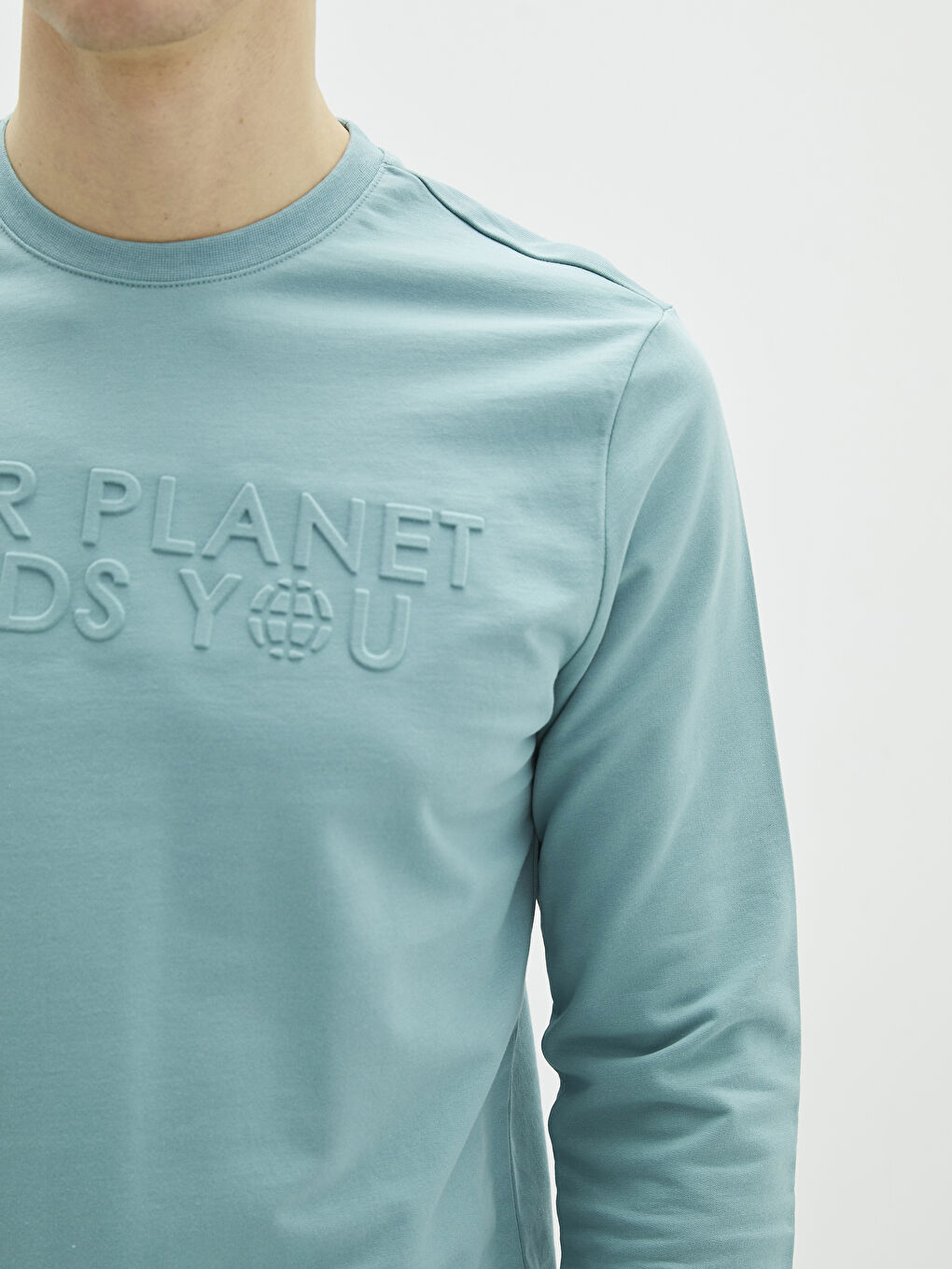 Yeşil Bisiklet Yaka Uzun Kollu Baskılı Erkek Sweatshirt-3