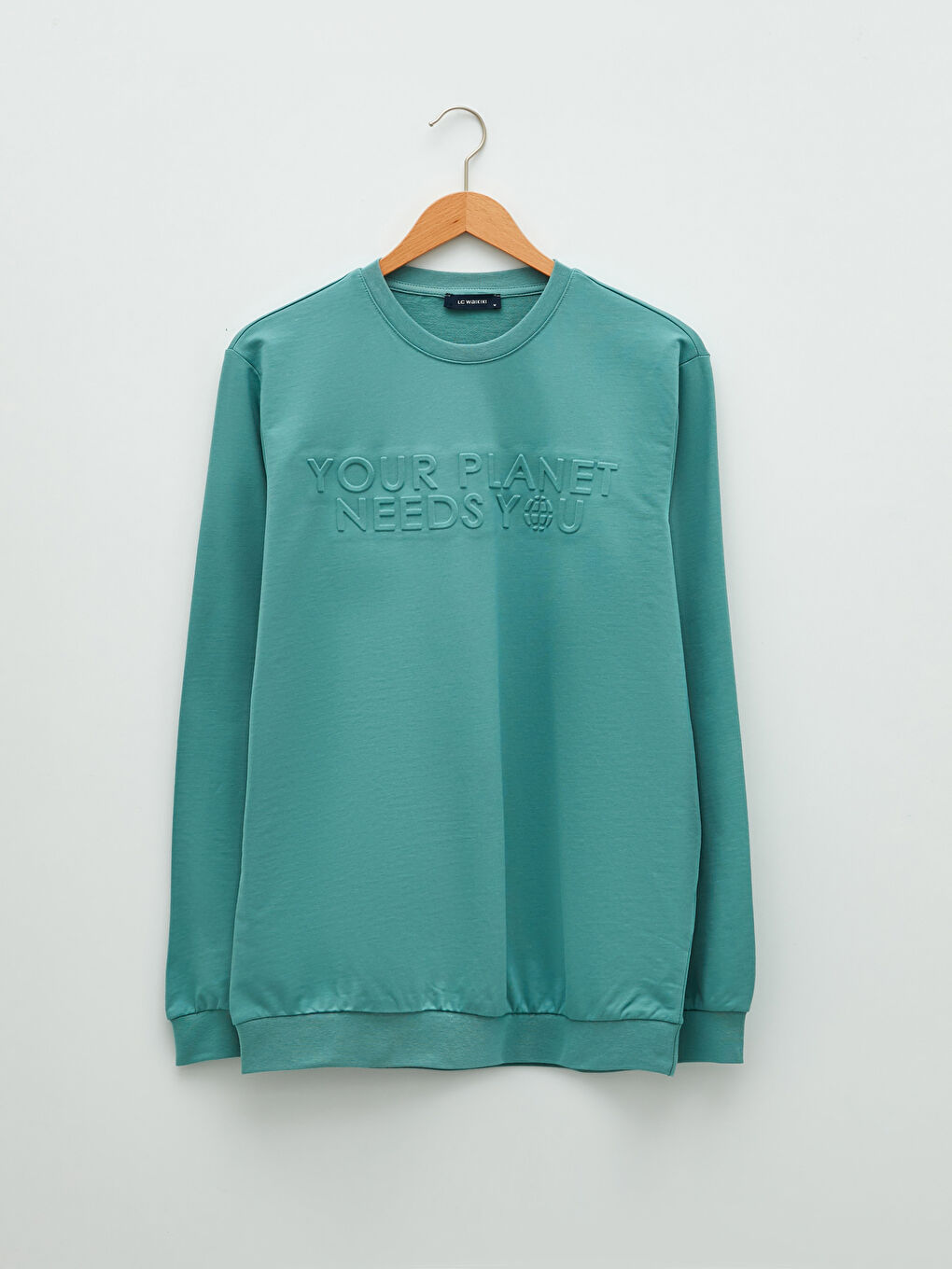 Yeşil Bisiklet Yaka Uzun Kollu Baskılı Erkek Sweatshirt-5