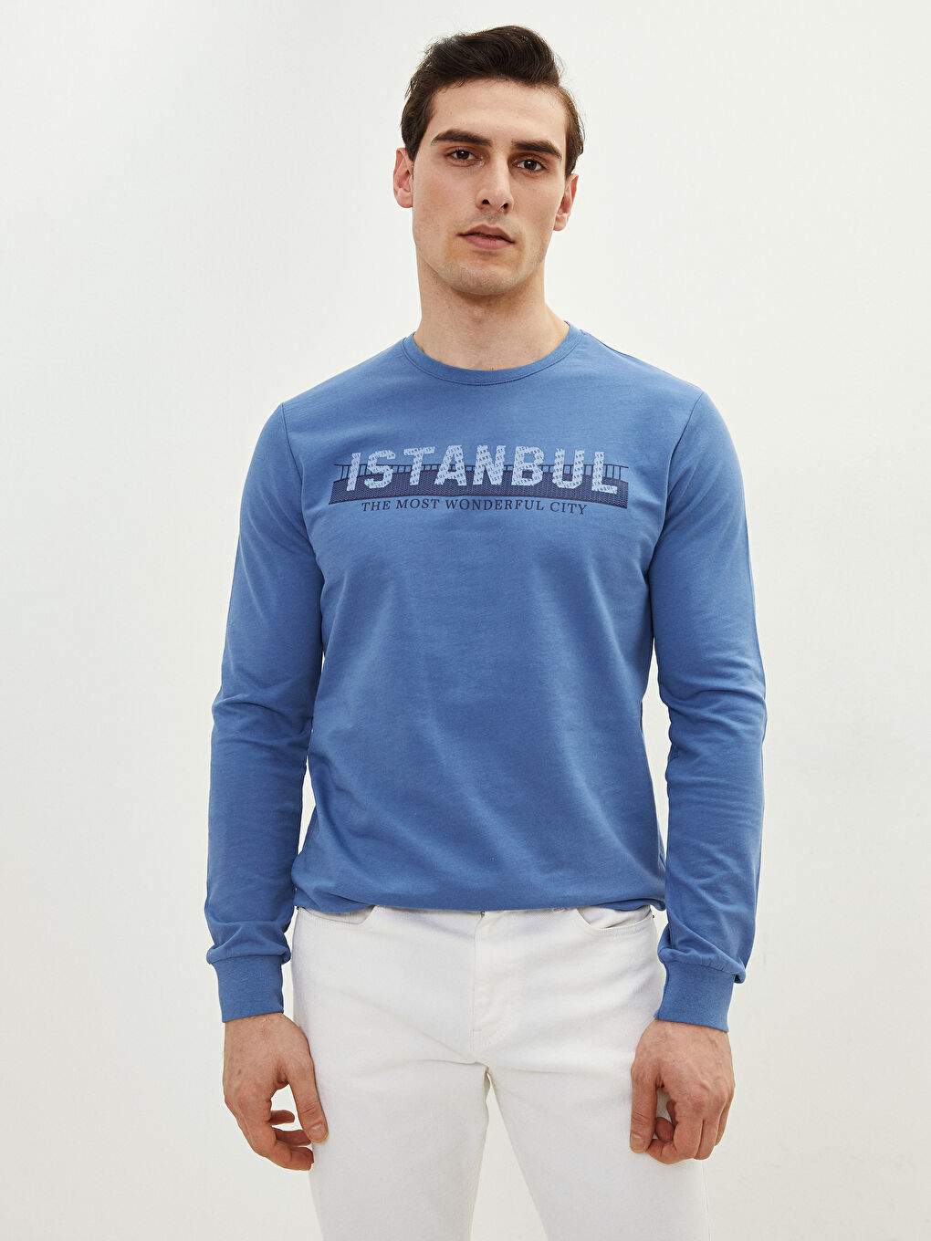 Mavi Bisiklet Yaka Uzun Kollu İstanbul Baskılı Erkek Sweatshirt-1