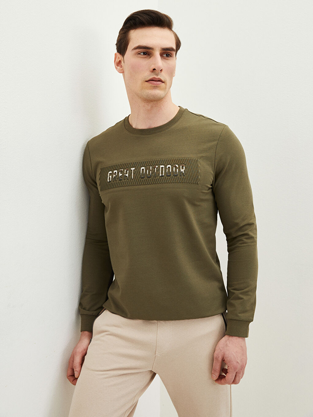 Haki Bisiklet Yaka Uzun Kollu Baskılı Erkek Sweatshirt