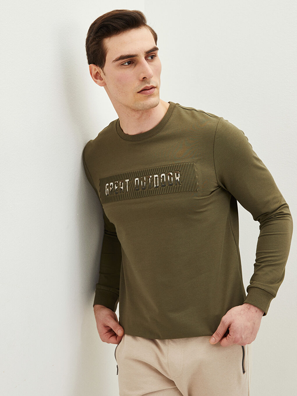 Haki Bisiklet Yaka Uzun Kollu Baskılı Erkek Sweatshirt-1