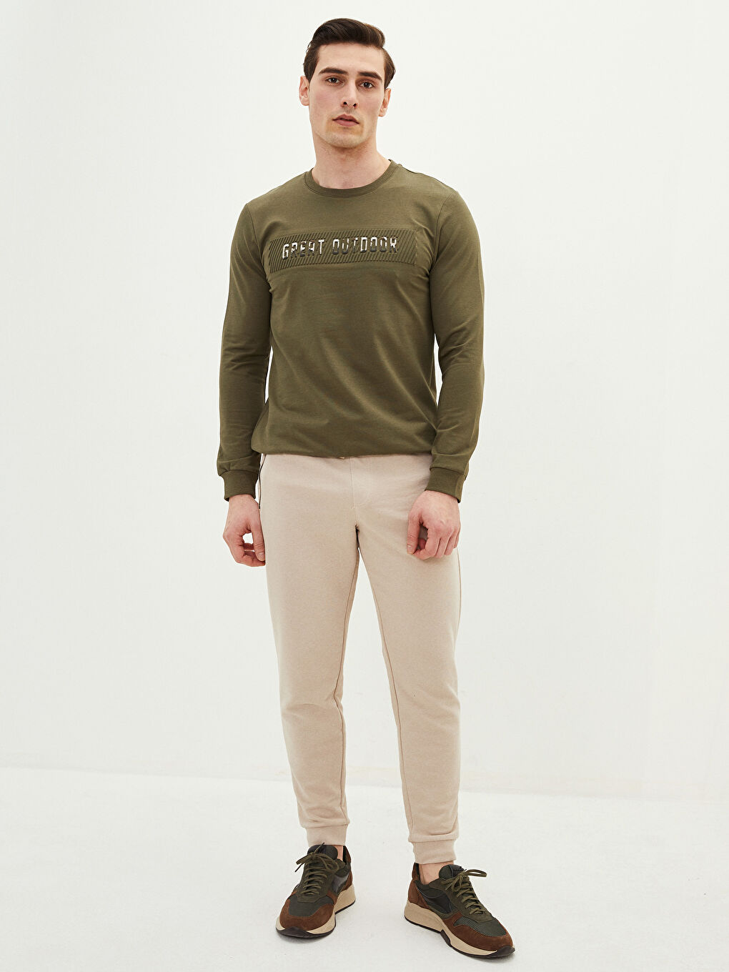 Haki Bisiklet Yaka Uzun Kollu Baskılı Erkek Sweatshirt-2