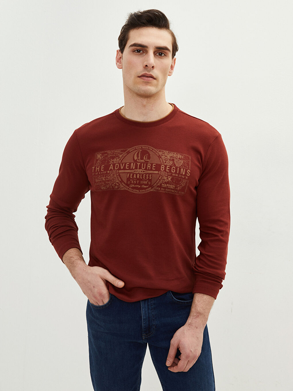 Bordo Bisiklet Yaka Uzun Kollu Baskılı Penye Erkek Tişört-1