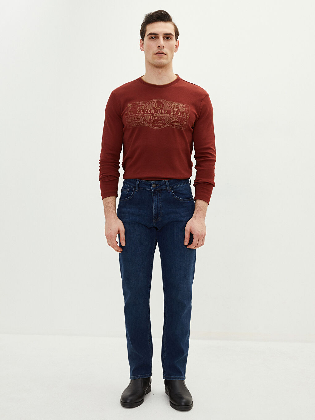 Bordo Bisiklet Yaka Uzun Kollu Baskılı Penye Erkek Tişört-2