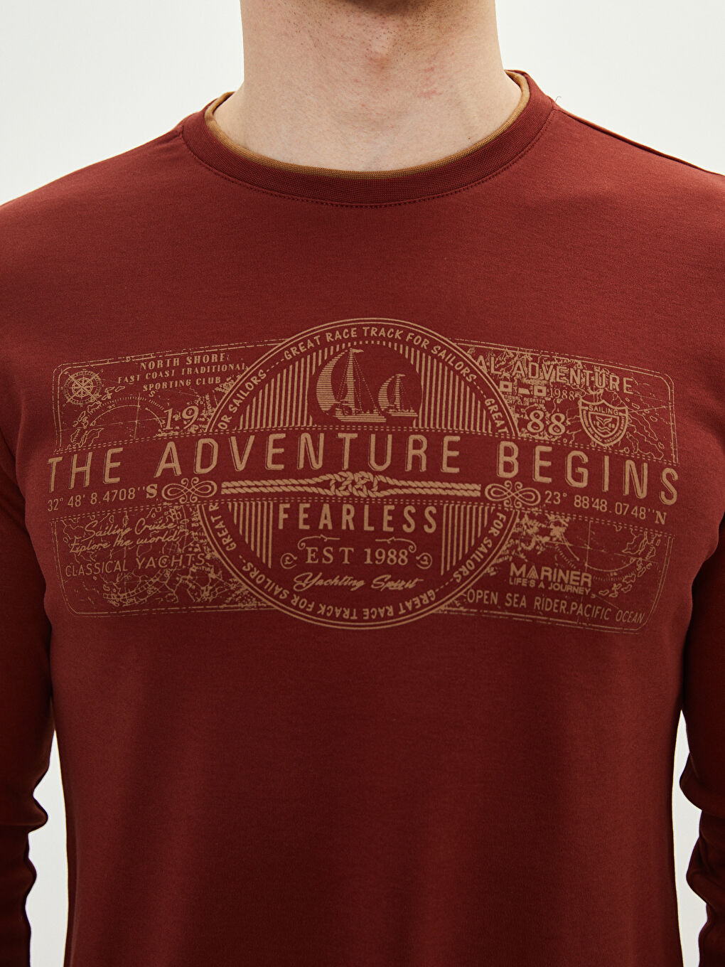 Bordo Bisiklet Yaka Uzun Kollu Baskılı Penye Erkek Tişört-3