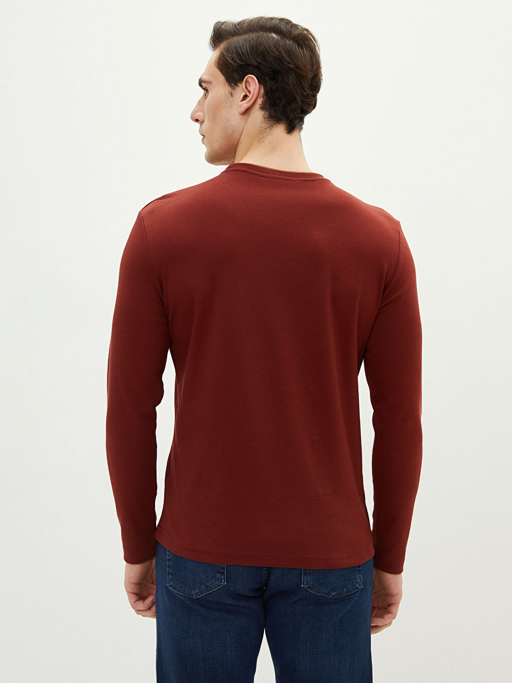 Bordo Bisiklet Yaka Uzun Kollu Baskılı Penye Erkek Tişört-4