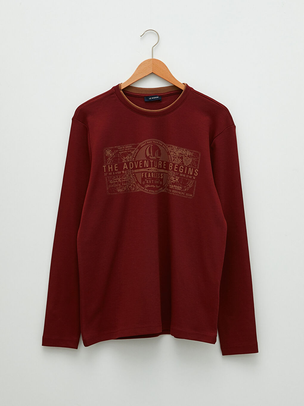 Bordo Bisiklet Yaka Uzun Kollu Baskılı Penye Erkek Tişört-5