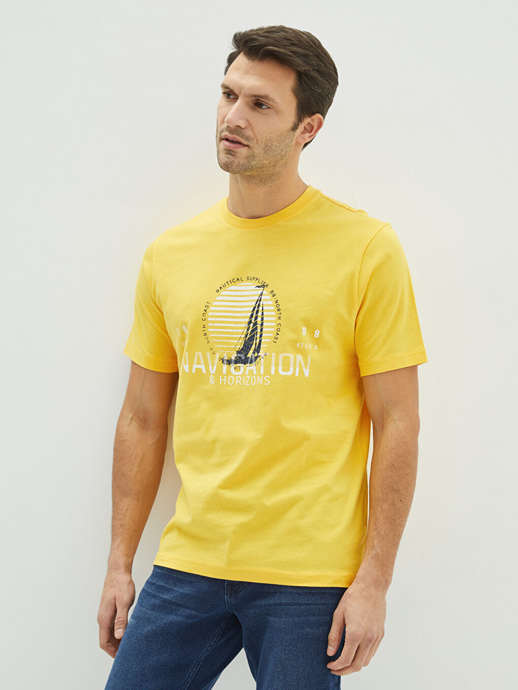 Sarı Bisiklet Yaka Kısa Kollu Baskılı Penye Erkek Tişört-1