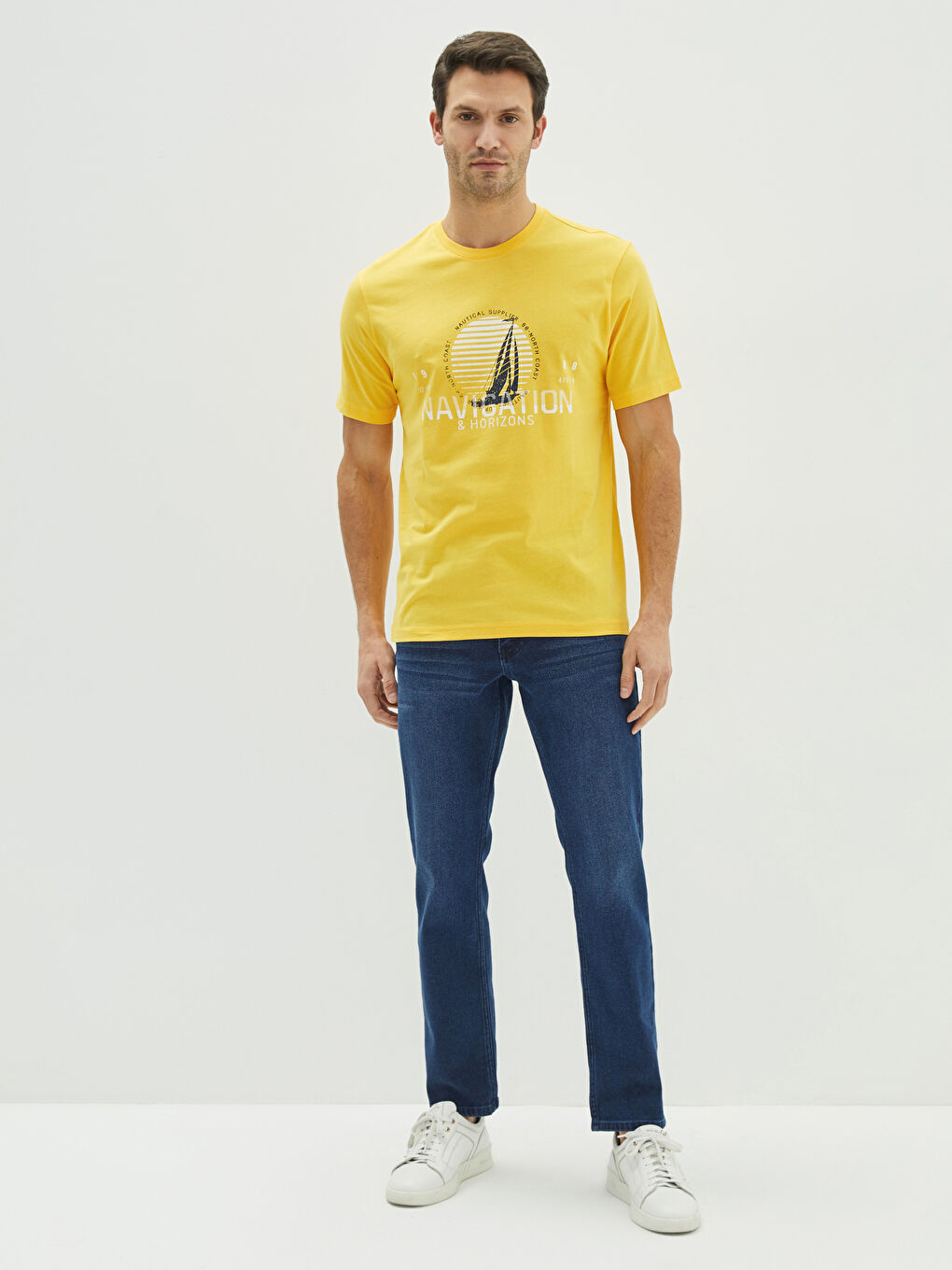 Sarı Bisiklet Yaka Kısa Kollu Baskılı Penye Erkek Tişört-2