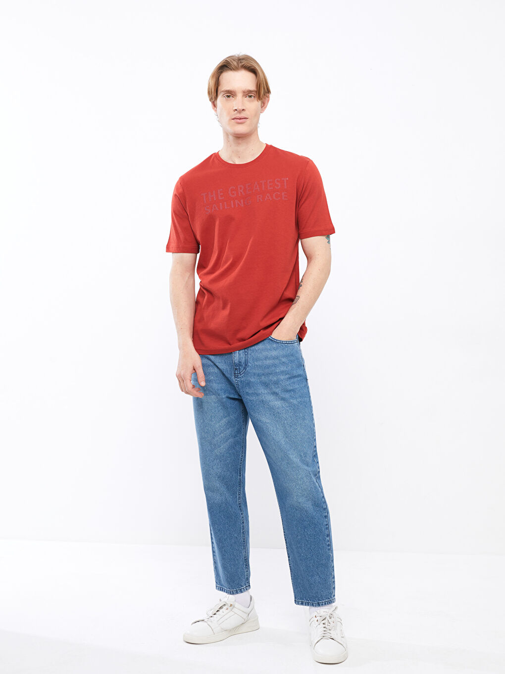 Turuncu Bisiklet Yaka Kısa Kollu Baskılı Penye Erkek Tişört