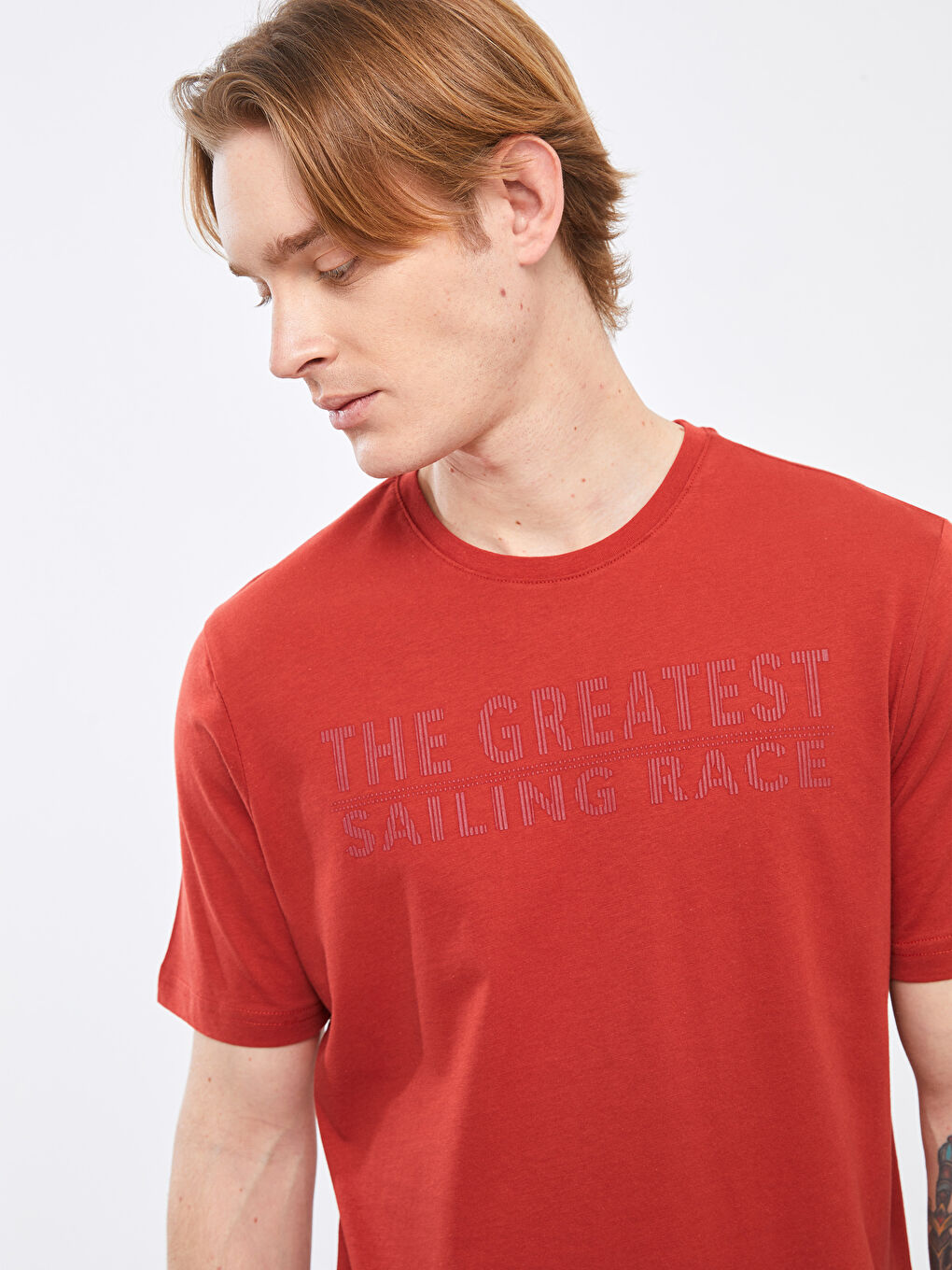 Turuncu Bisiklet Yaka Kısa Kollu Baskılı Penye Erkek Tişört-2