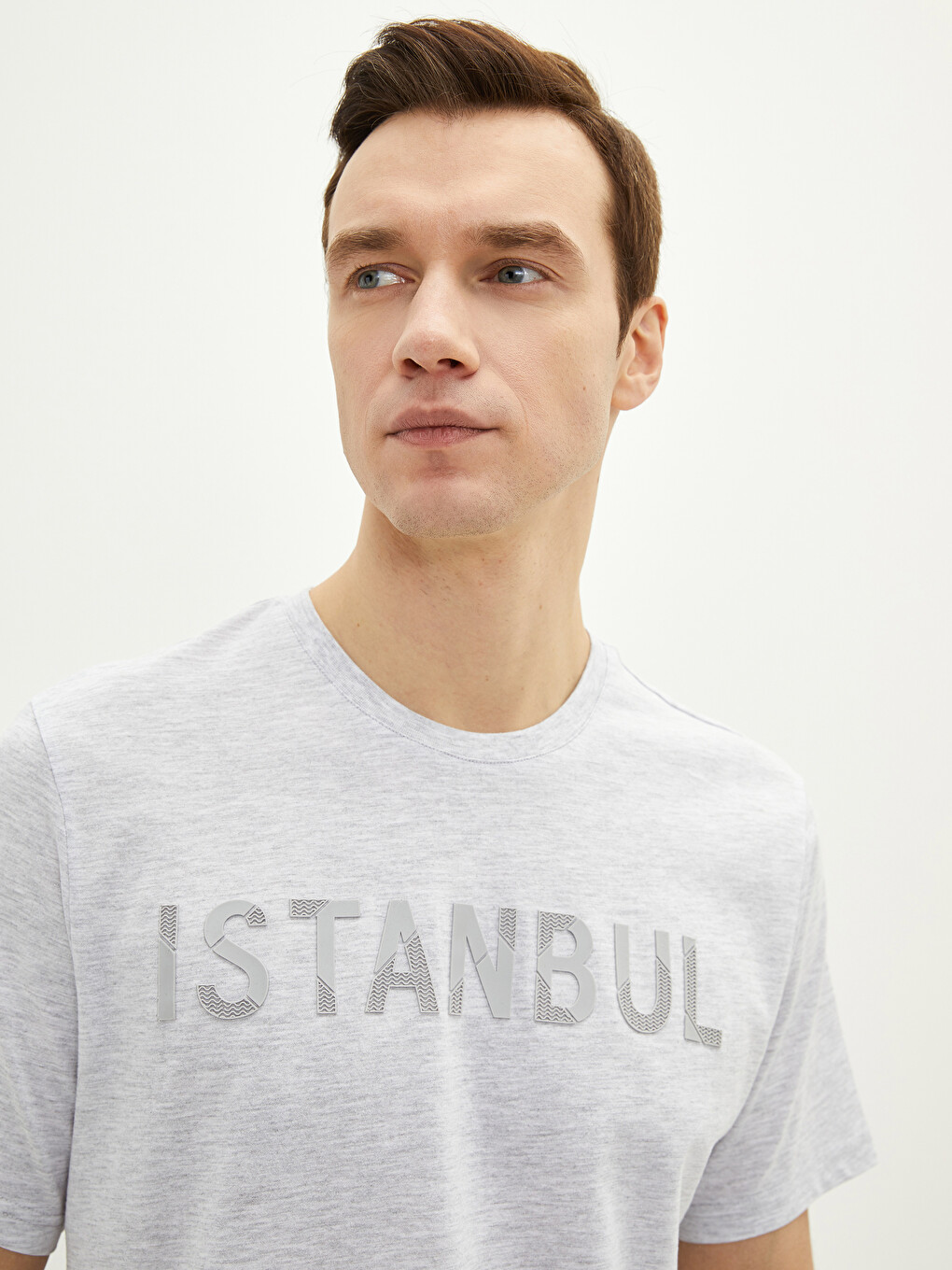 Bej Bisiklet Yaka Uzun Kollu İstanbul Baskılı Erkek Tişört-3