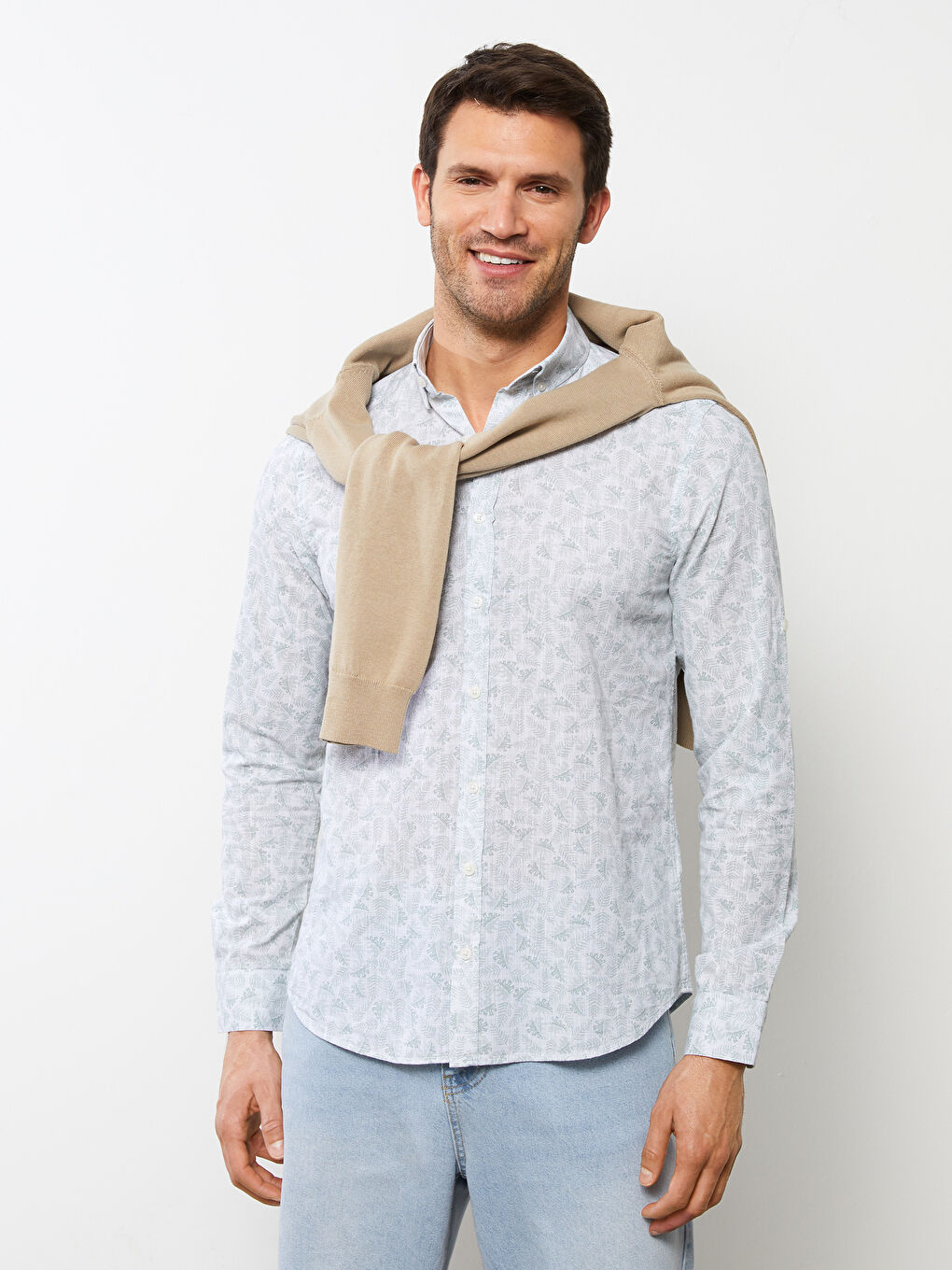 Yeşil Slim Fit Uzun Kollu Desenli Poplin Erkek Gömlek