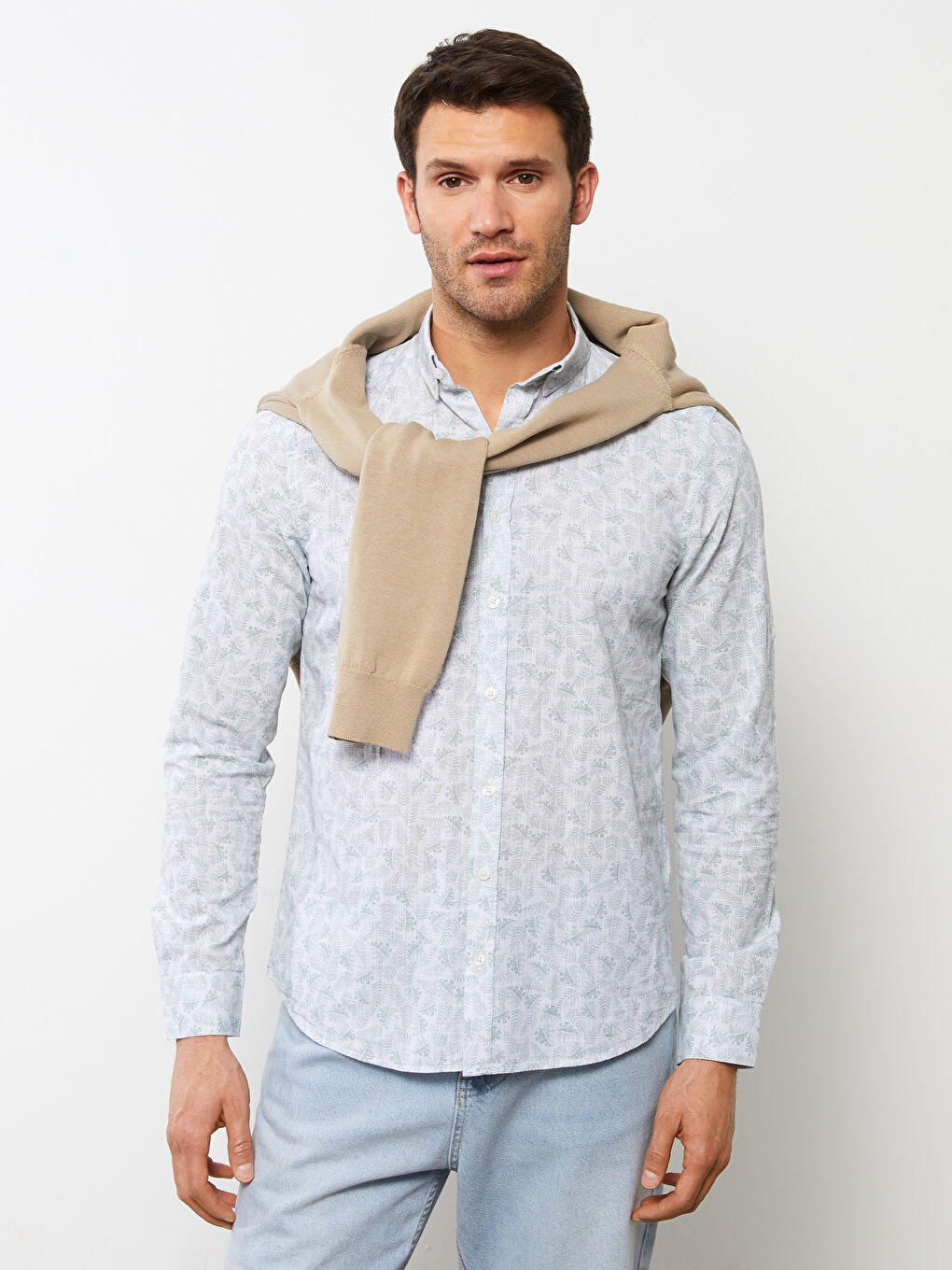 Yeşil Slim Fit Uzun Kollu Desenli Poplin Erkek Gömlek-1