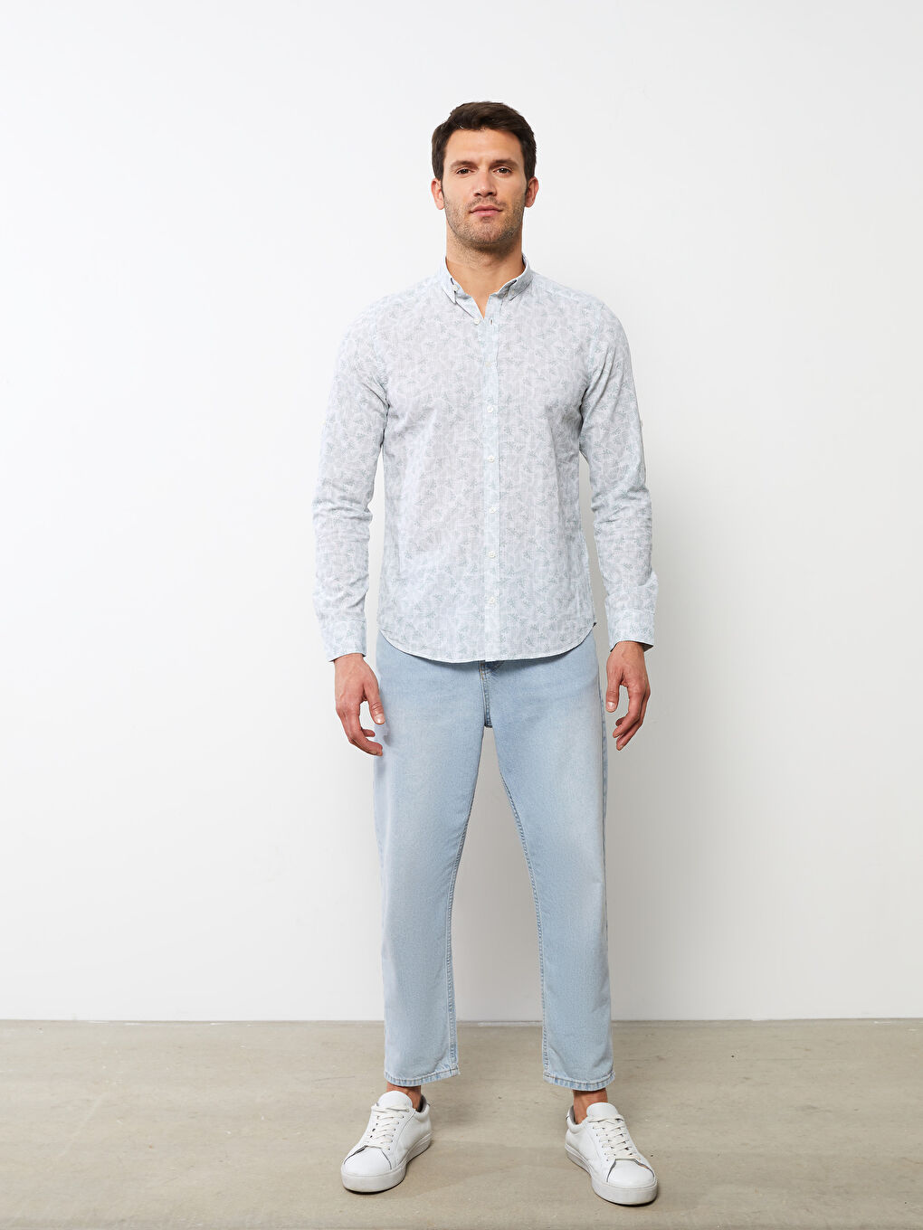 Yeşil Slim Fit Uzun Kollu Desenli Poplin Erkek Gömlek-2