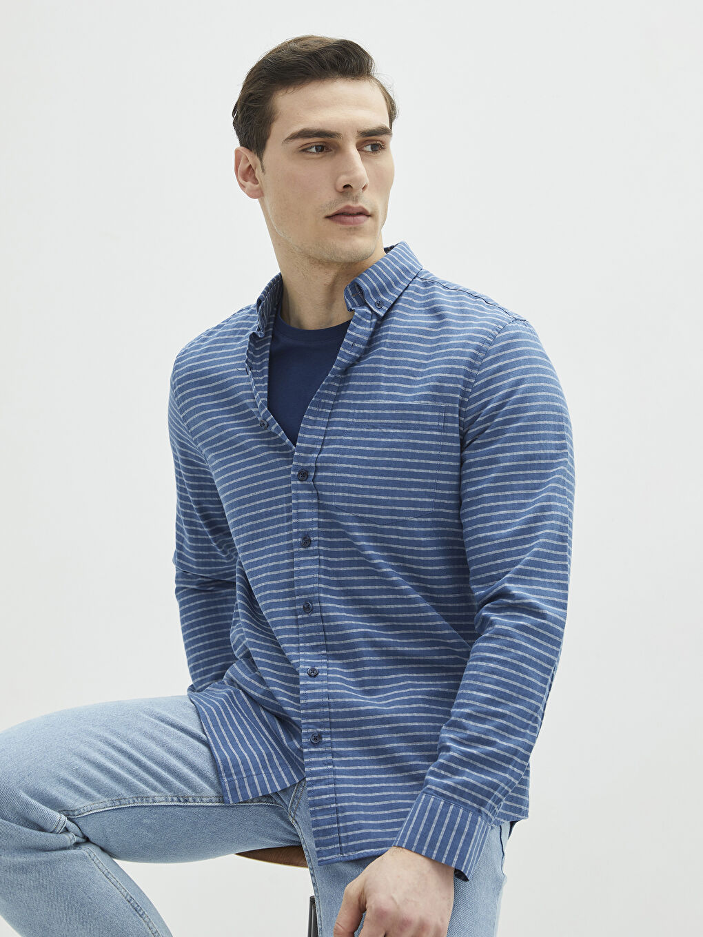 Lacivert Regular Fit Uzun Kollu Çizgili Erkek Gömlek