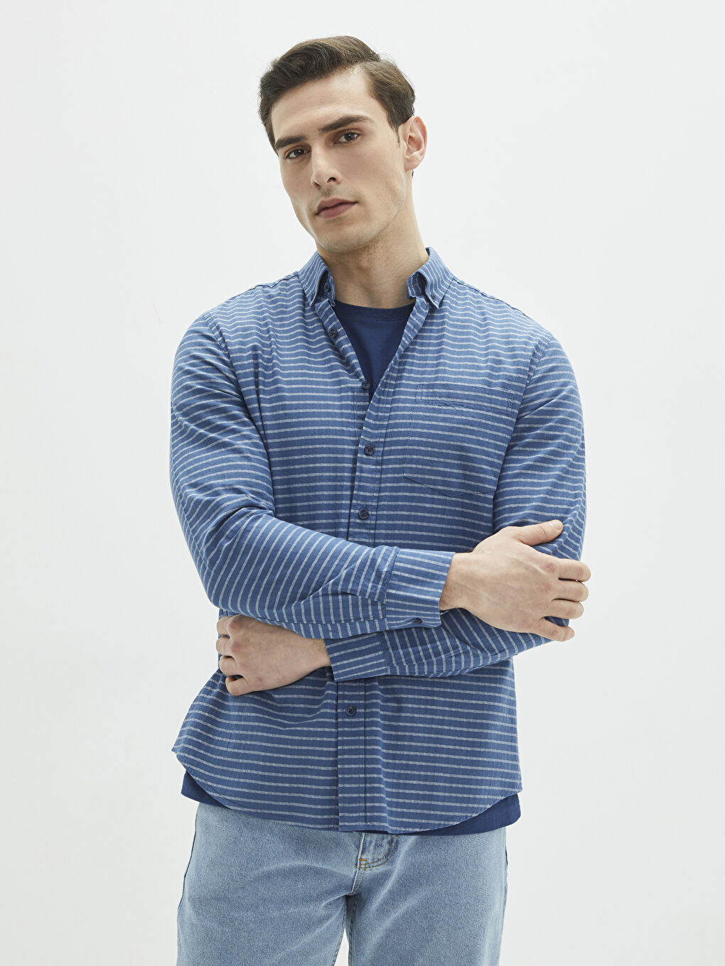 Lacivert Regular Fit Uzun Kollu Çizgili Erkek Gömlek-1