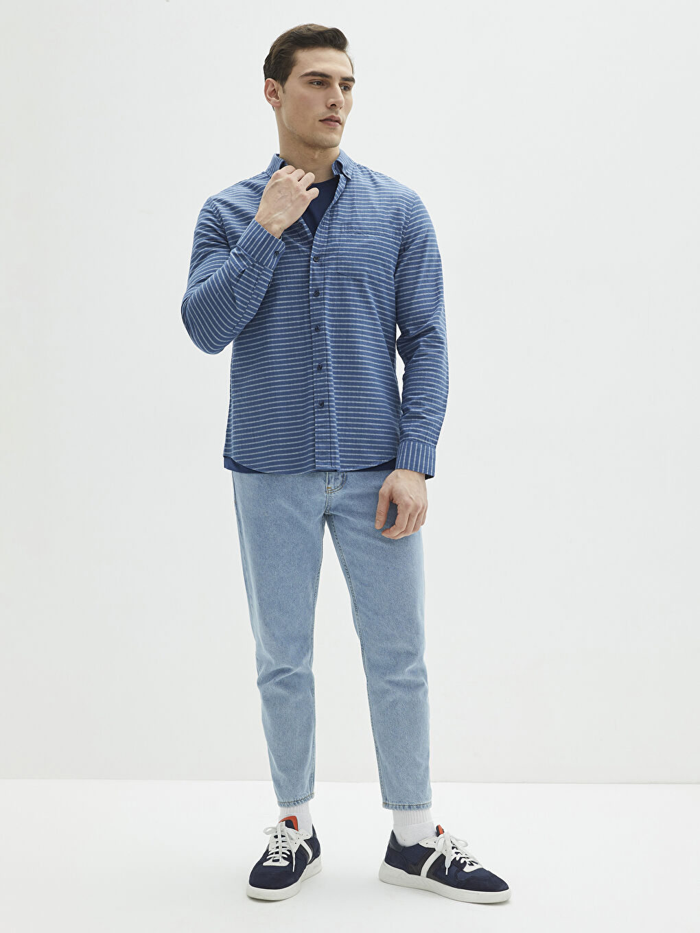 Lacivert Regular Fit Uzun Kollu Çizgili Erkek Gömlek-2