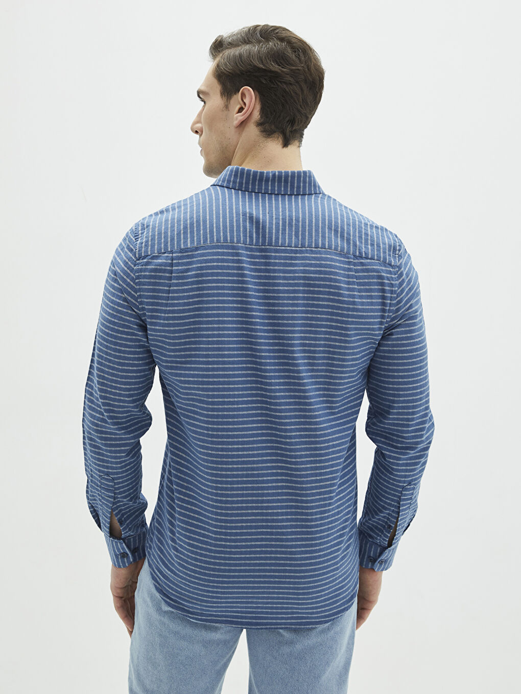 Lacivert Regular Fit Uzun Kollu Çizgili Erkek Gömlek-4
