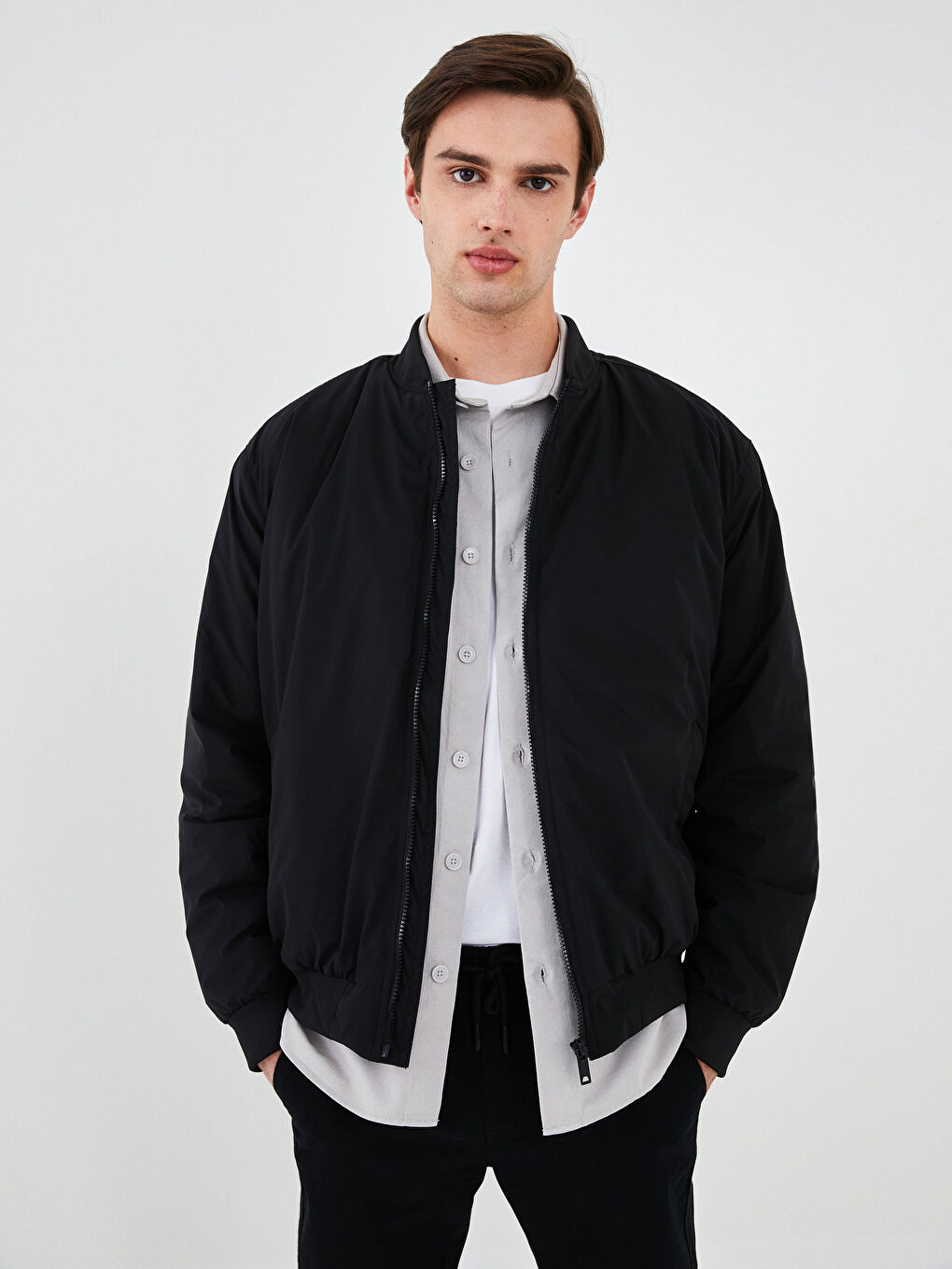 Siyah Rahat Kalıp Kolej Yaka Bomber Erkek Mont