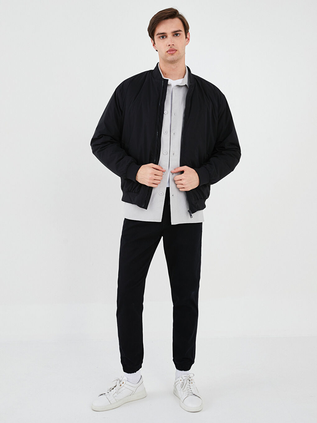Siyah Rahat Kalıp Kolej Yaka Bomber Erkek Mont-1