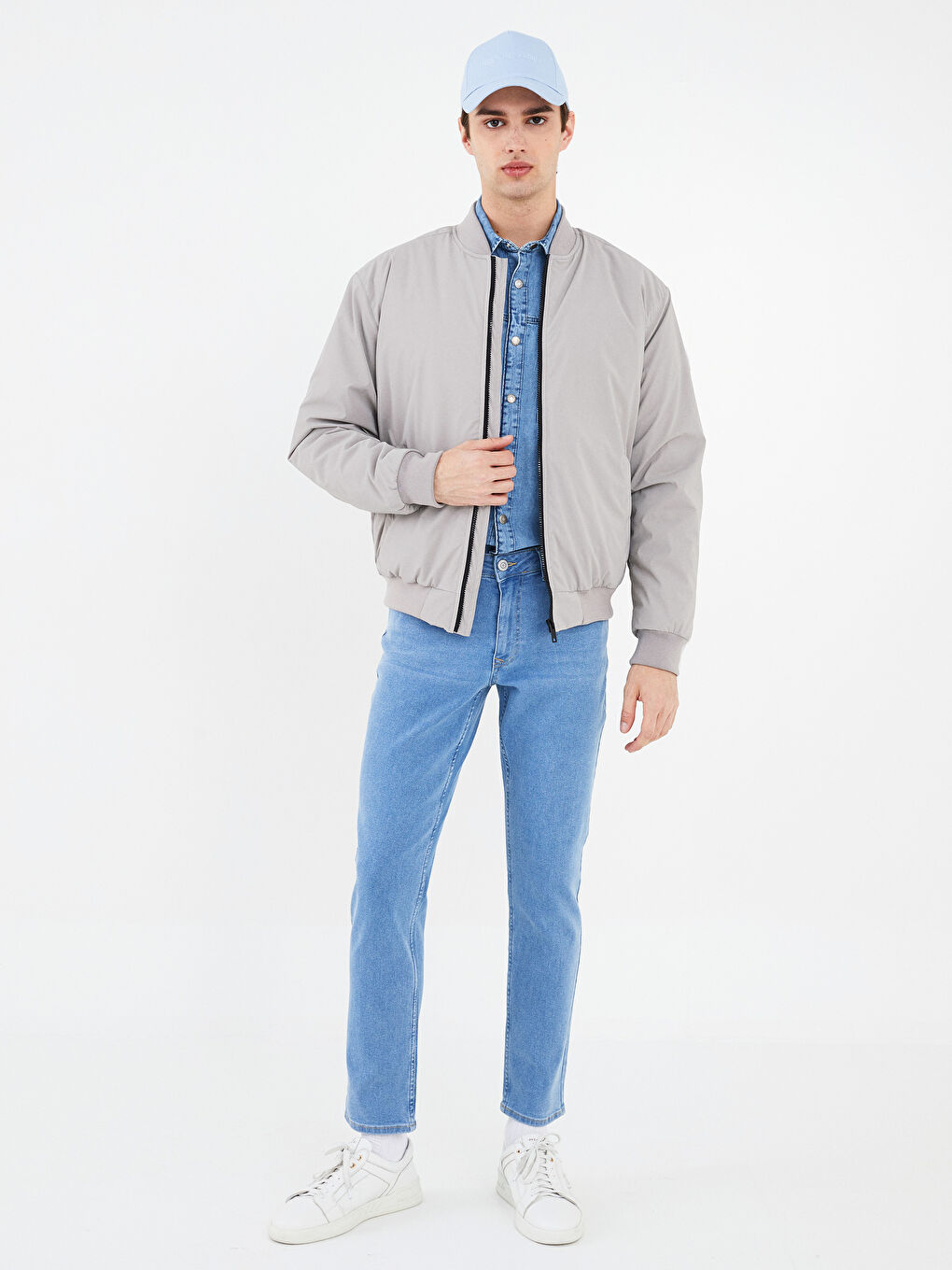 Gri Rahat Kalıp Kolej Yaka Bomber Erkek Mont-1