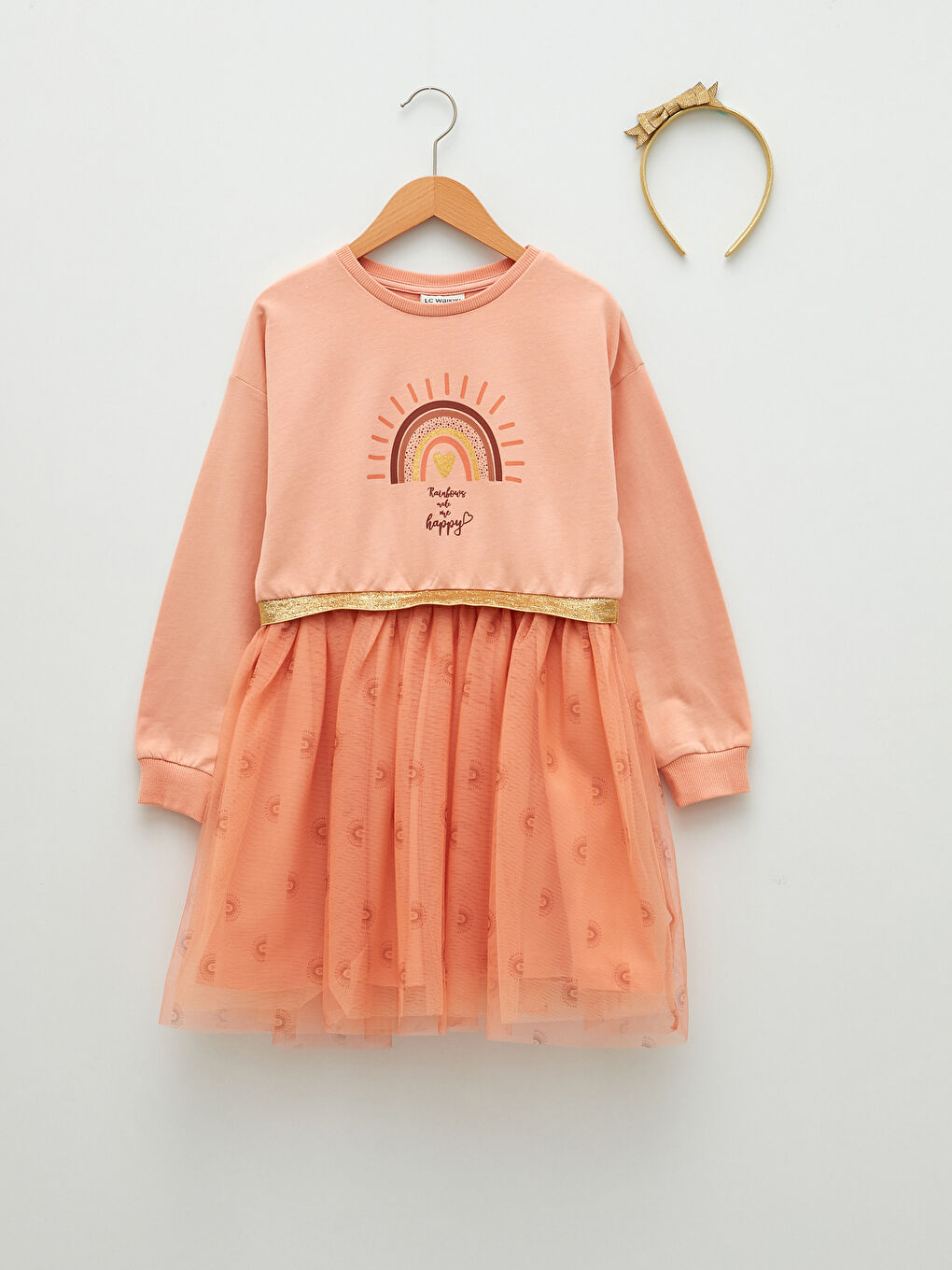 Pembe Bisiklet Yaka Baskılı Uzun Kollu Kız Çocuk Elbise ve Taç