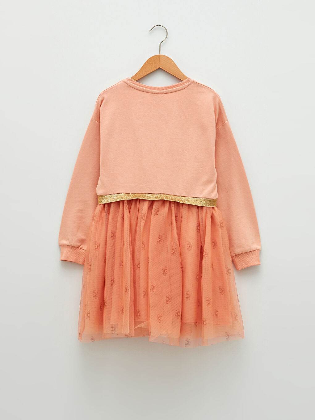 Pembe Bisiklet Yaka Baskılı Uzun Kollu Kız Çocuk Elbise ve Taç-1