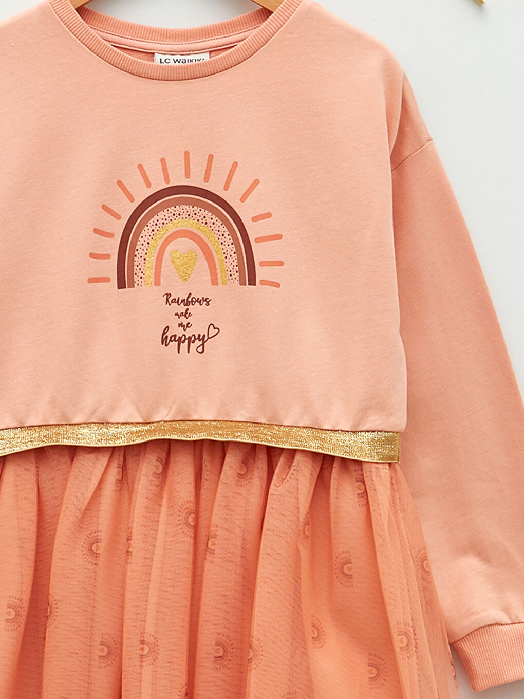Pembe Bisiklet Yaka Baskılı Uzun Kollu Kız Çocuk Elbise ve Taç-2