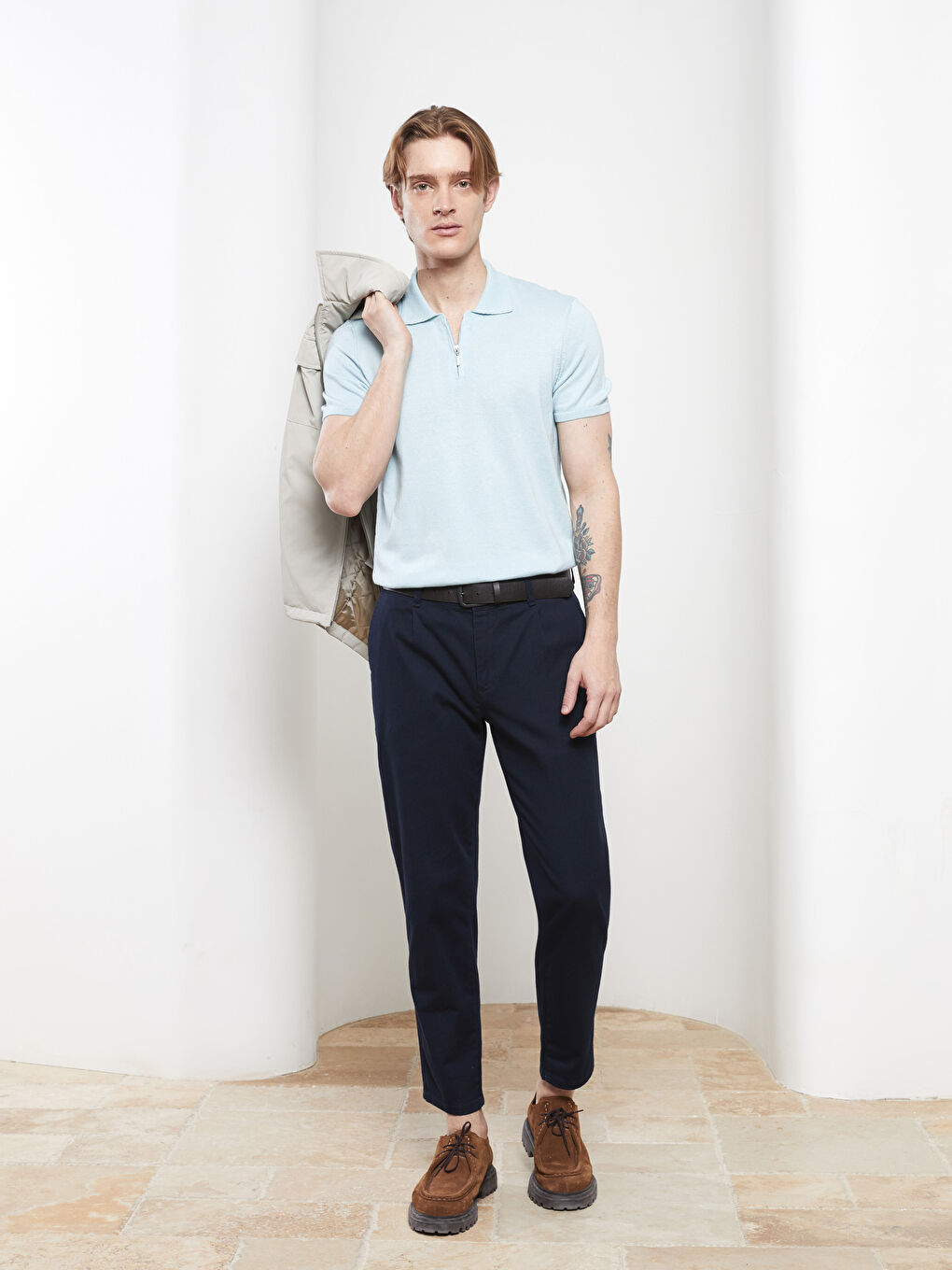 Mavi Polo Yaka Kısa Kollu Erkek Triko Kazak