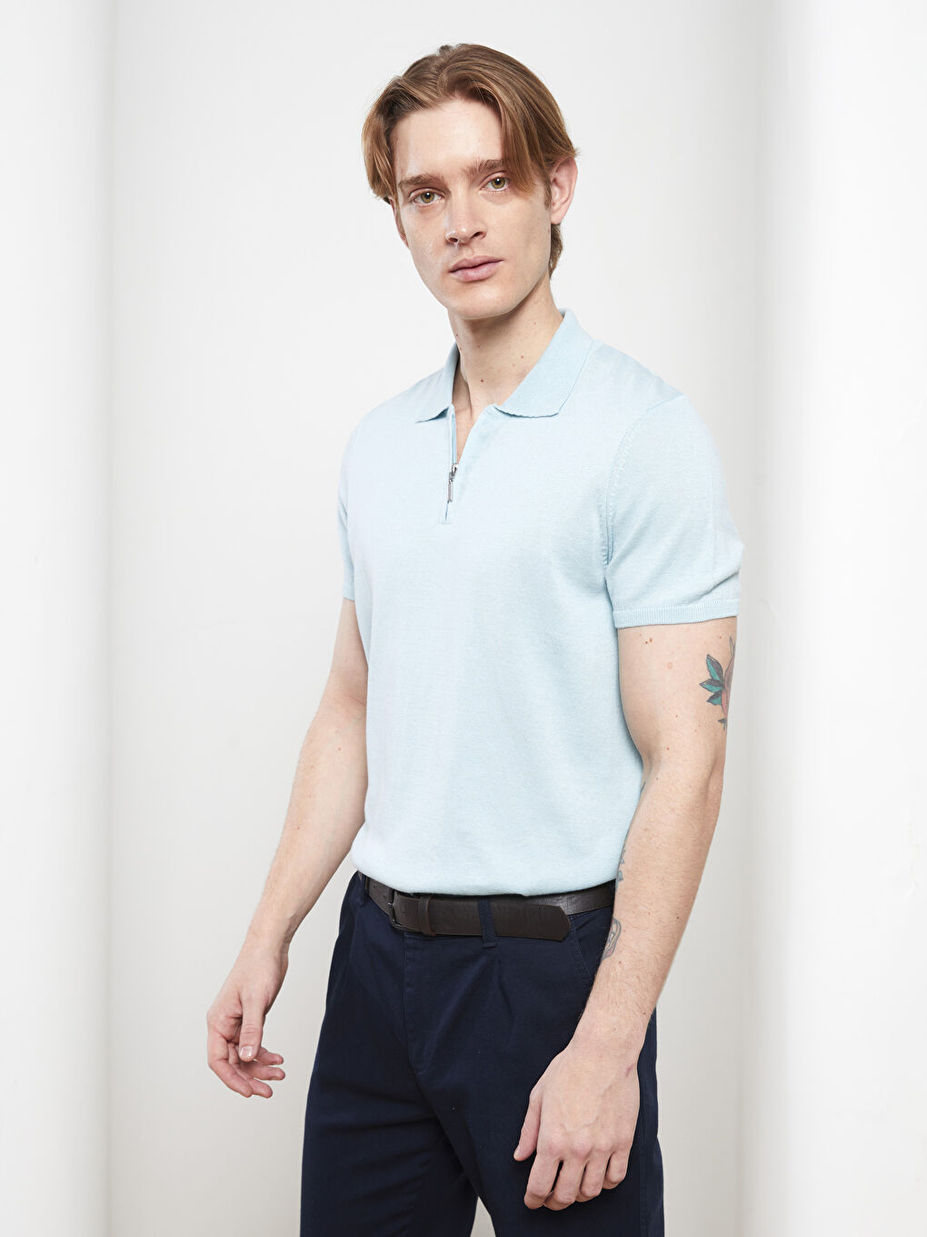 Mavi Polo Yaka Kısa Kollu Erkek Triko Kazak-1