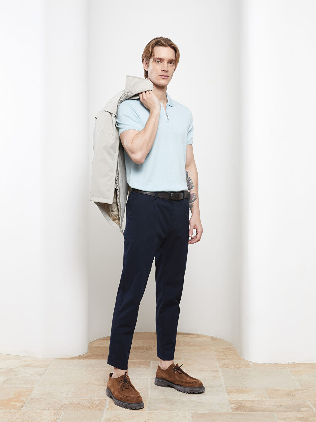 Mavi Polo Yaka Kısa Kollu Erkek Triko Kazak-2