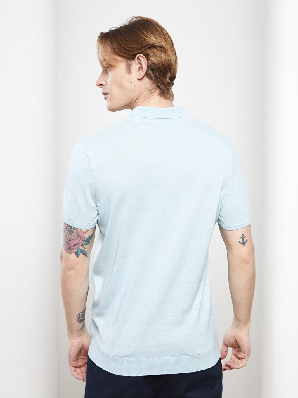 Mavi Polo Yaka Kısa Kollu Erkek Triko Kazak-4