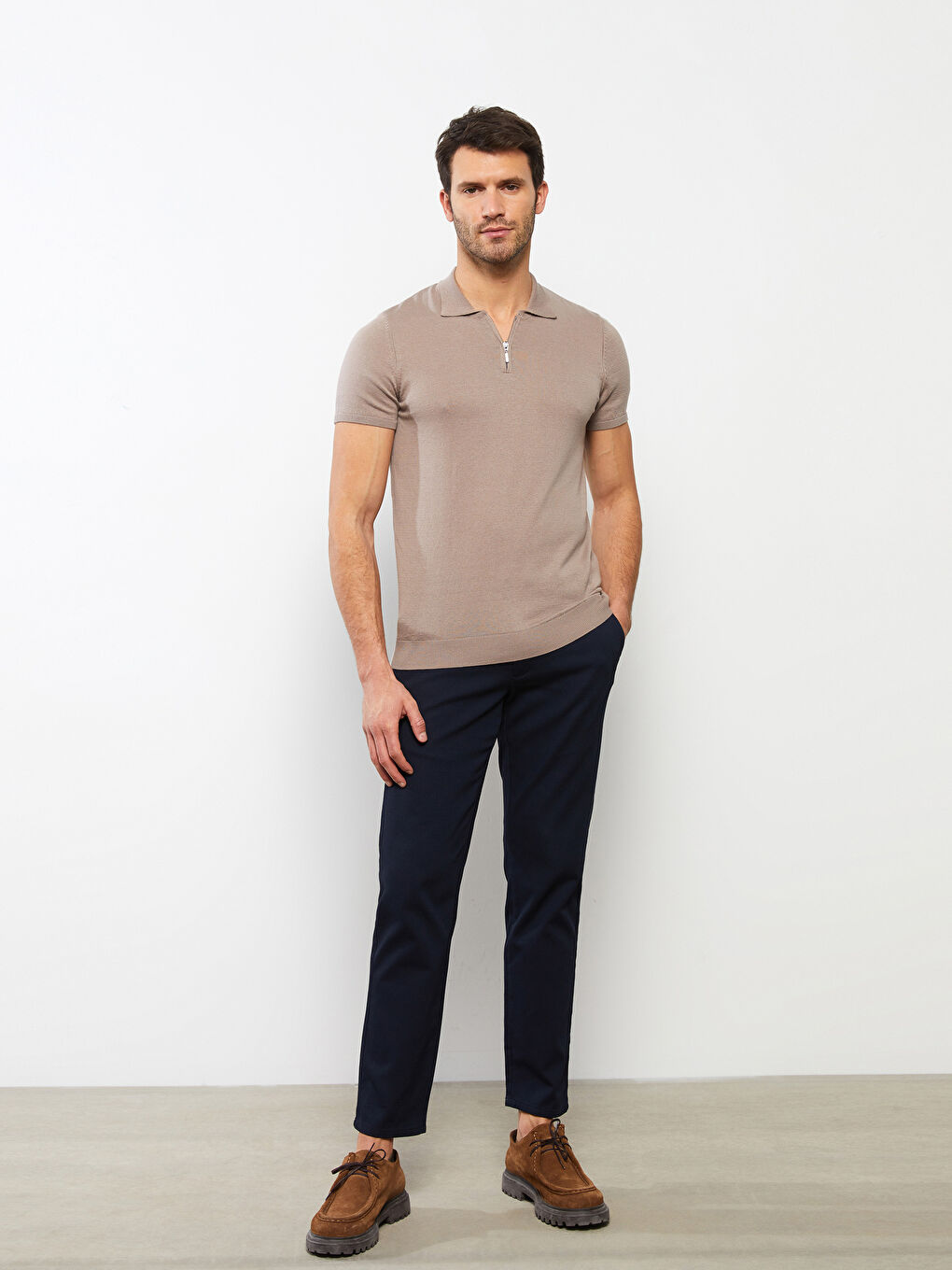 Kahverengi Polo Yaka Kısa Kollu Erkek Triko Kazak-1