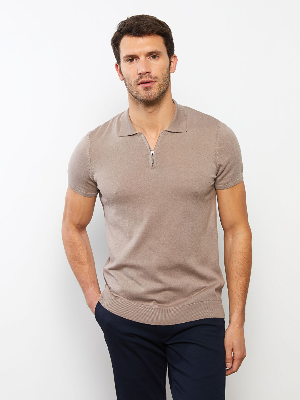 Kahverengi Polo Yaka Kısa Kollu Erkek Triko Kazak-2