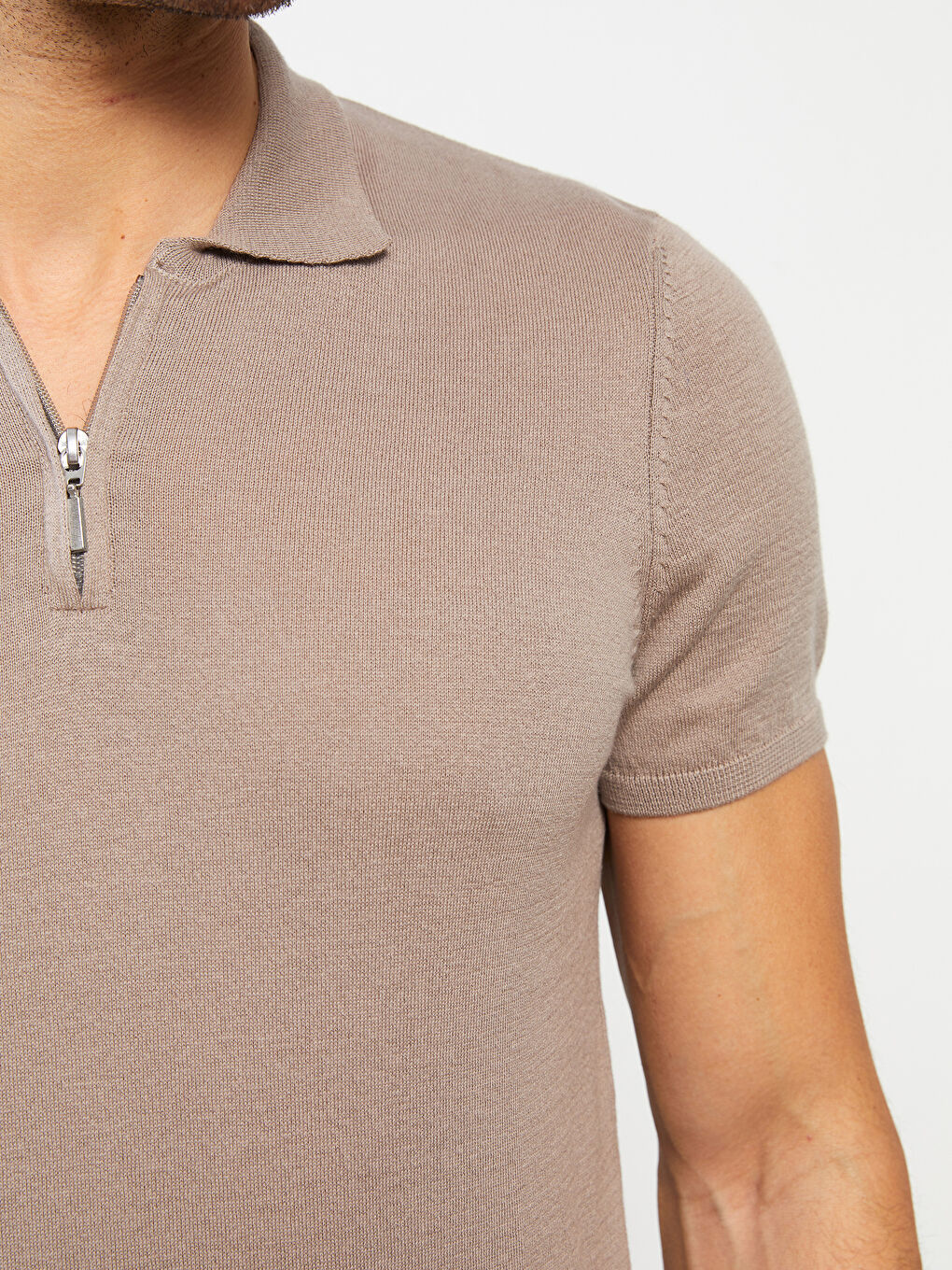 Kahverengi Polo Yaka Kısa Kollu Erkek Triko Kazak-3