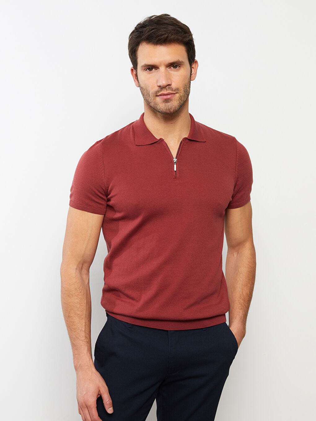 Bordo Polo Yaka Kısa Kollu Erkek Triko Kazak-2