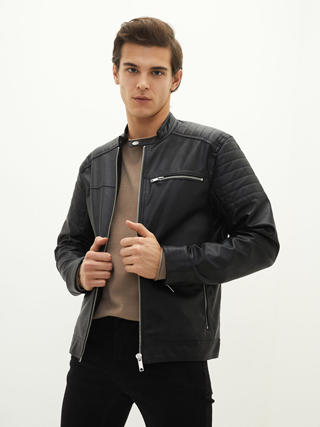 Siyah Slim Fit Biker Yaka Erkek Deri Görünümlü Mont